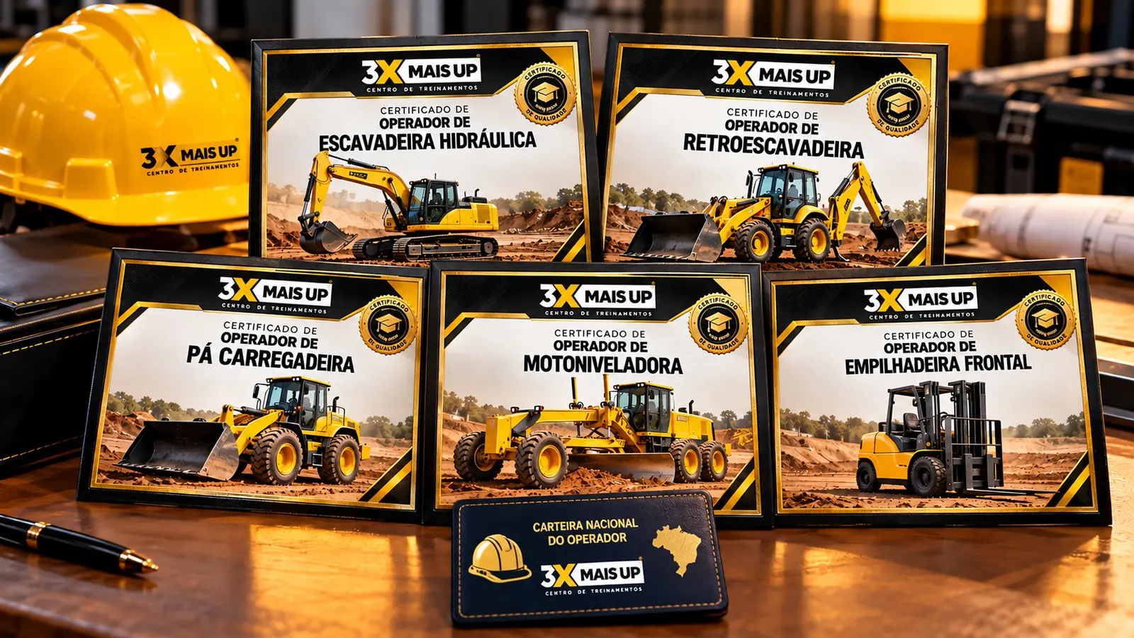 Os 5 certificados do Combo Operador 5 em 1 da 3X MAIS UP (Escavadeira Hidráulica, Retroescavadeira, Pá Carregadeira, Motoniveladora e Empilhadeira Frontal) e a Carteira Nacional do Operador